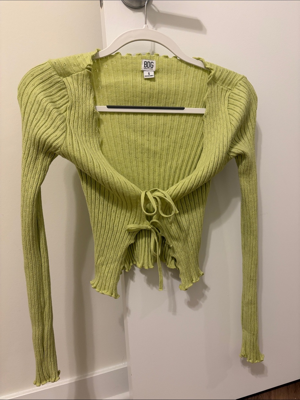 BDG Chartreuse Ribbed Tie-Front Long Sleeve Cardigan